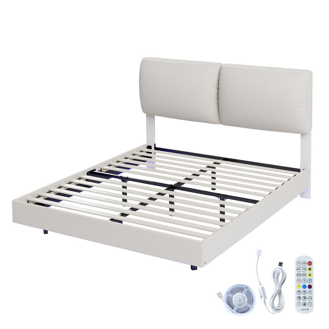 Double Floating Bed Frame with RGB LED and Adjustable Headboard - White - Rivercity House & Home Co. (ABN 18 642 972 209) - Affordable Modern Furniture Australia