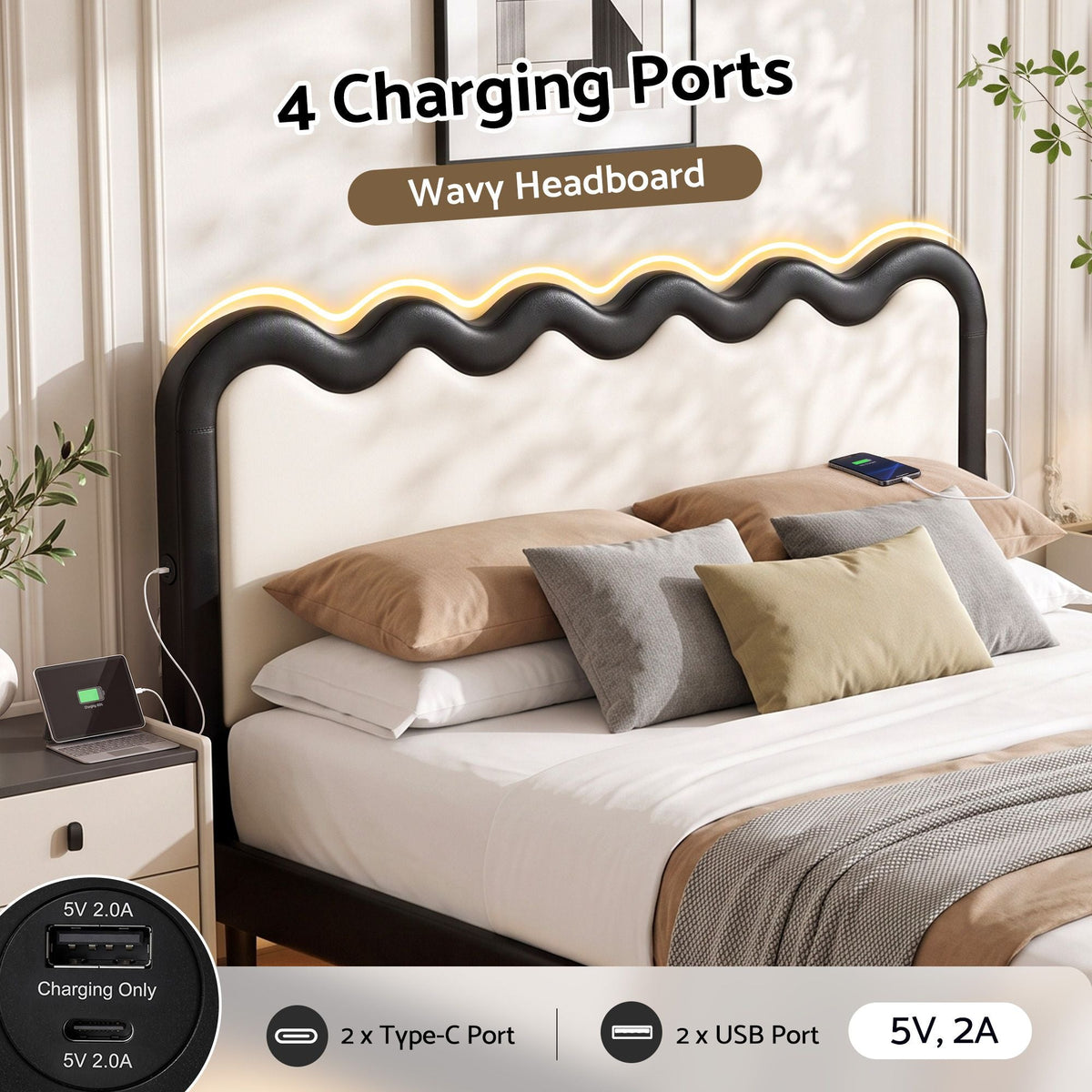 Double Floating Bed Frame with RGB LED and USB Charging - Black and Beige - Furniture > Bedroom > Beds & Bed Frames - Rivercity House & Home Co. (ABN 18 642 972 209) - Affordable Modern Furniture Australia