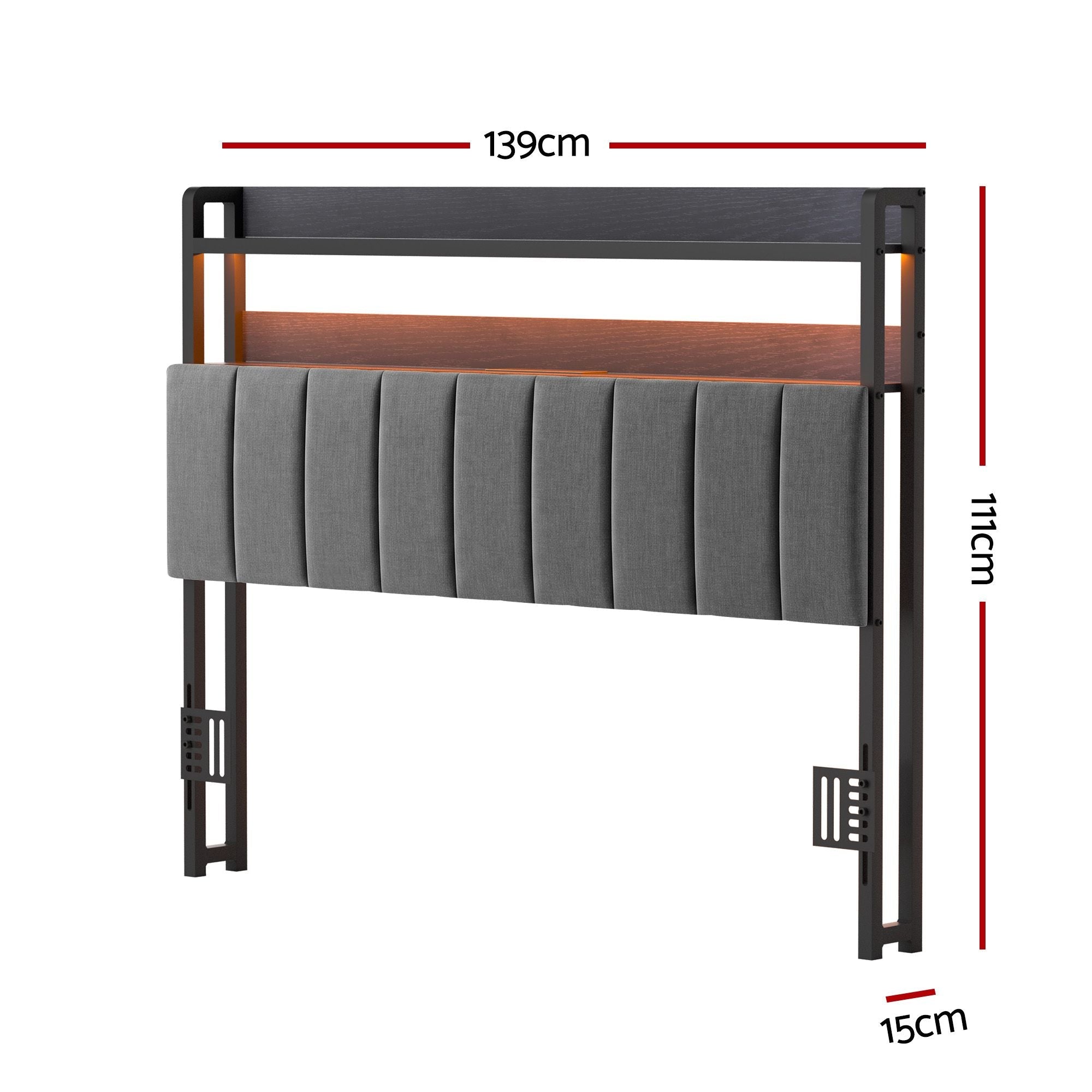 Double Headboard Charging Station Storage LED Light Grey Upholstered - Furniture > Bedroom > Headboards - Rivercity House & Home Co. (ABN 18 642 972 209) - Affordable Modern Furniture Australia