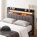 Double Upholstered Headboard with Charging Station and LED Light - Grey