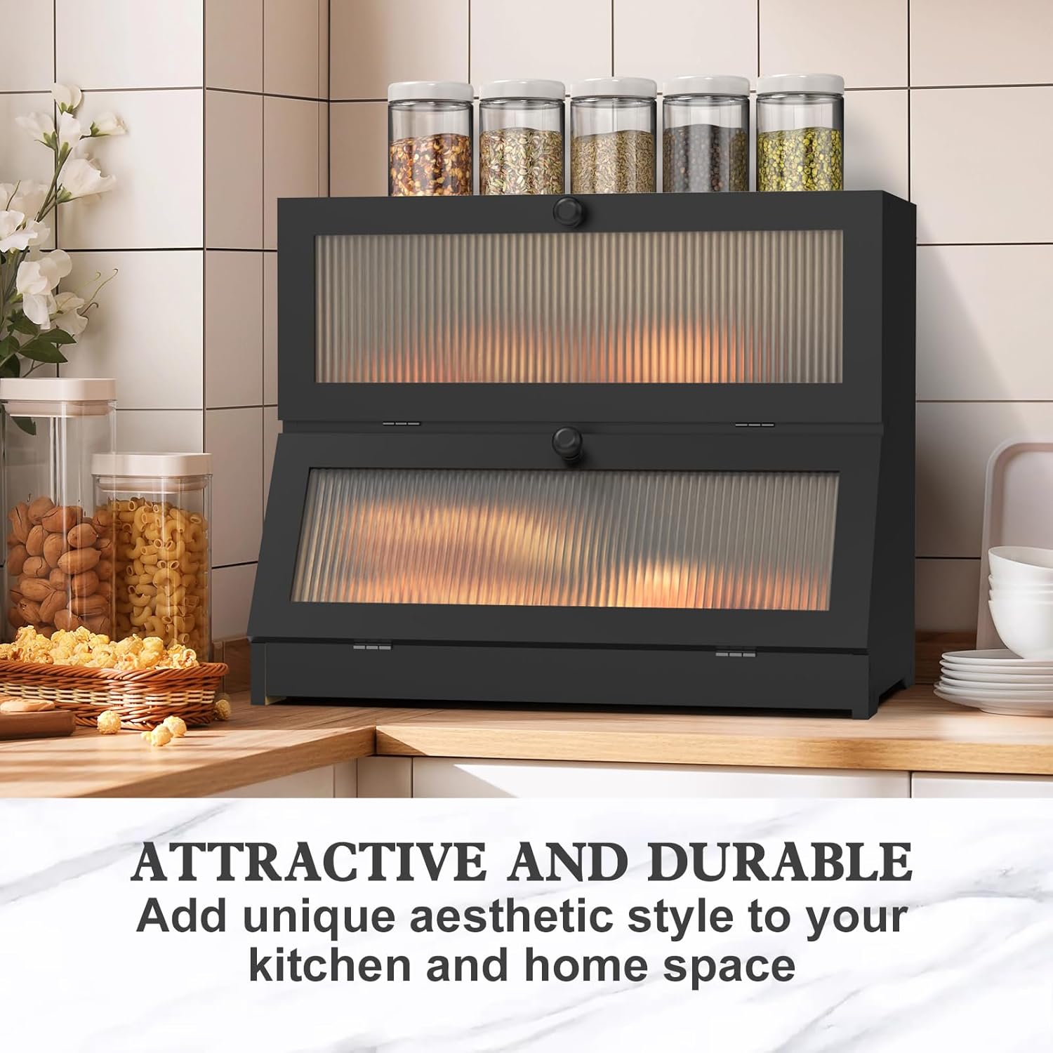 Double Layer Bamboo Bread Box for Kitchen Counter - Large Capacity Bread Storage Container with Clear Window, Easy Assembly, Farmhouse Style Bread Holder (Black) - Home & Garden > Laundry & Cleaning > Laundry Storage - Rivercity House & Home Co. (ABN 18 642 972 209) - Affordable Modern Furniture Australia