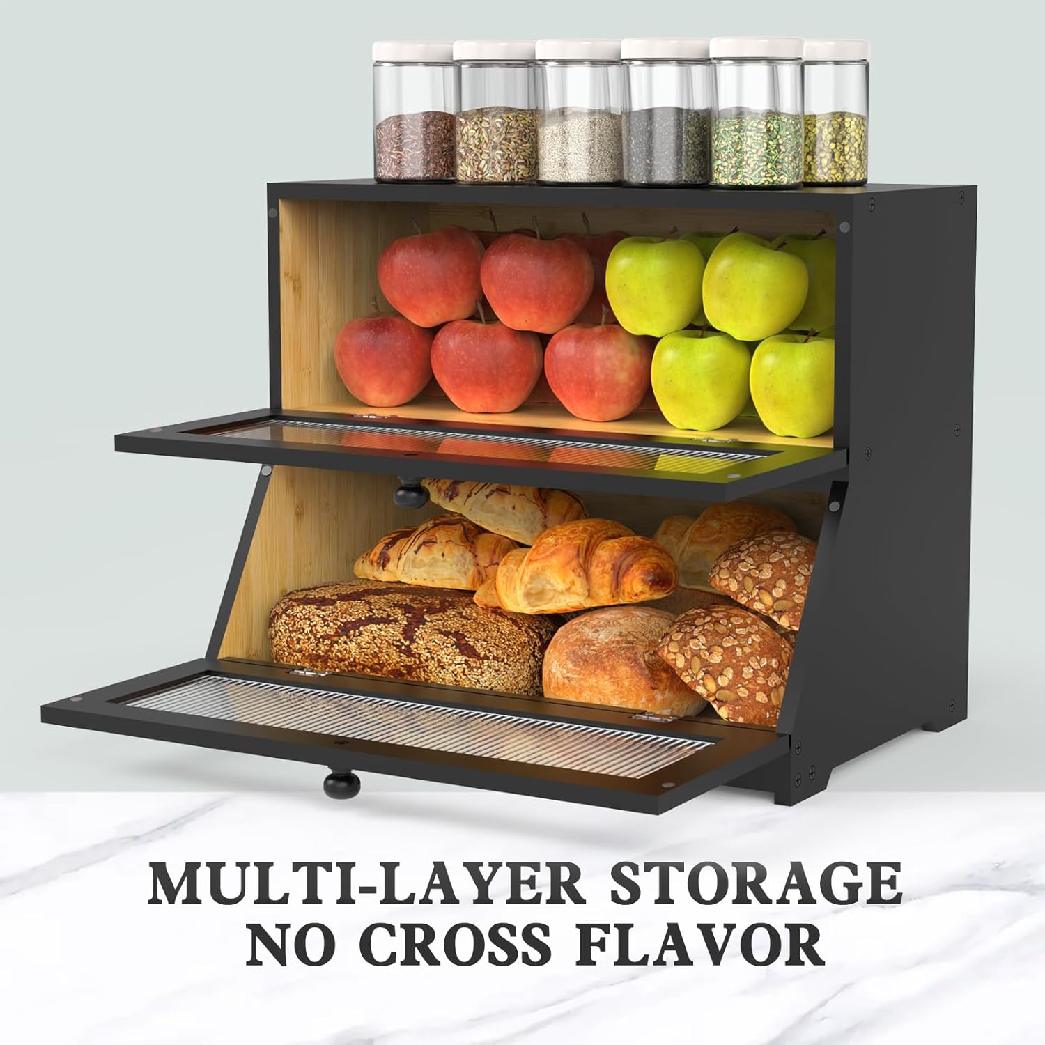 Double Layer Bamboo Bread Box for Kitchen Counter - Large Capacity Bread Storage Container with Clear Window, Easy Assembly, Farmhouse Style Bread Holder (Black) - Home & Garden > Laundry & Cleaning > Laundry Storage - Rivercity House & Home Co. (ABN 18 642 972 209) - Affordable Modern Furniture Australia