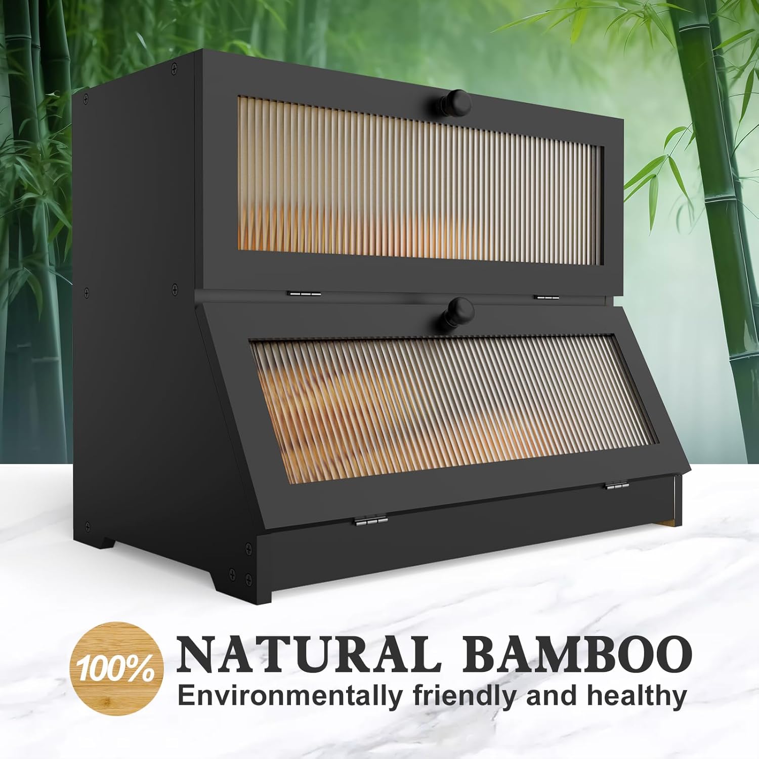 Double Layer Bamboo Bread Box for Kitchen Counter - Large Capacity Bread Storage Container with Clear Window, Easy Assembly, Farmhouse Style Bread Holder (Black) - Home & Garden > Laundry & Cleaning > Laundry Storage - Rivercity House & Home Co. (ABN 18 642 972 209) - Affordable Modern Furniture Australia