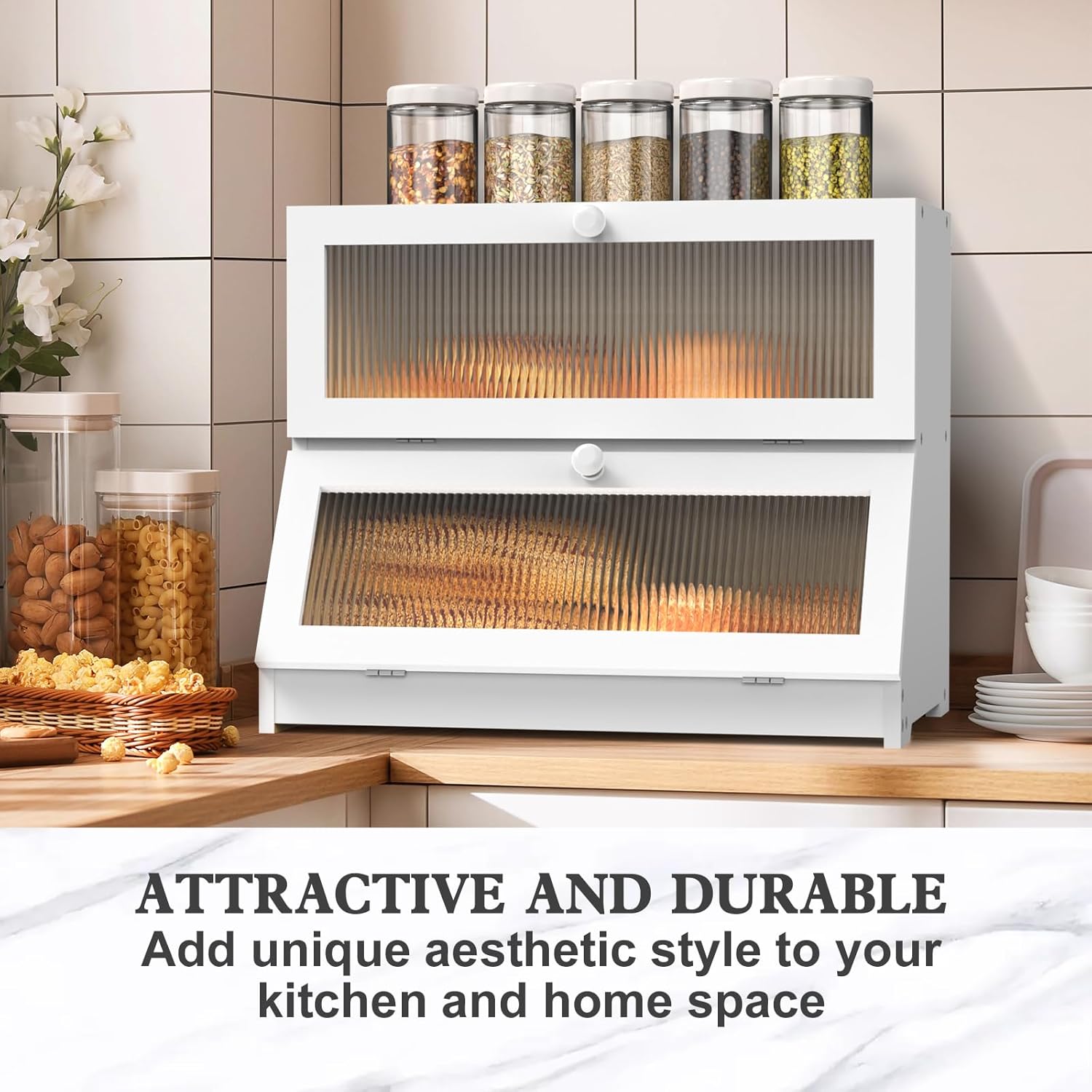 Double Layer Bamboo Bread Box for Kitchen Counter - Large Capacity Bread Storage Container with Clear Window, Easy Assembly, Farmhouse Style Bread Holder (White) - Home & Garden > Laundry & Cleaning > Laundry Storage - Rivercity House & Home Co. (ABN 18 642 972 209) - Affordable Modern Furniture Australia