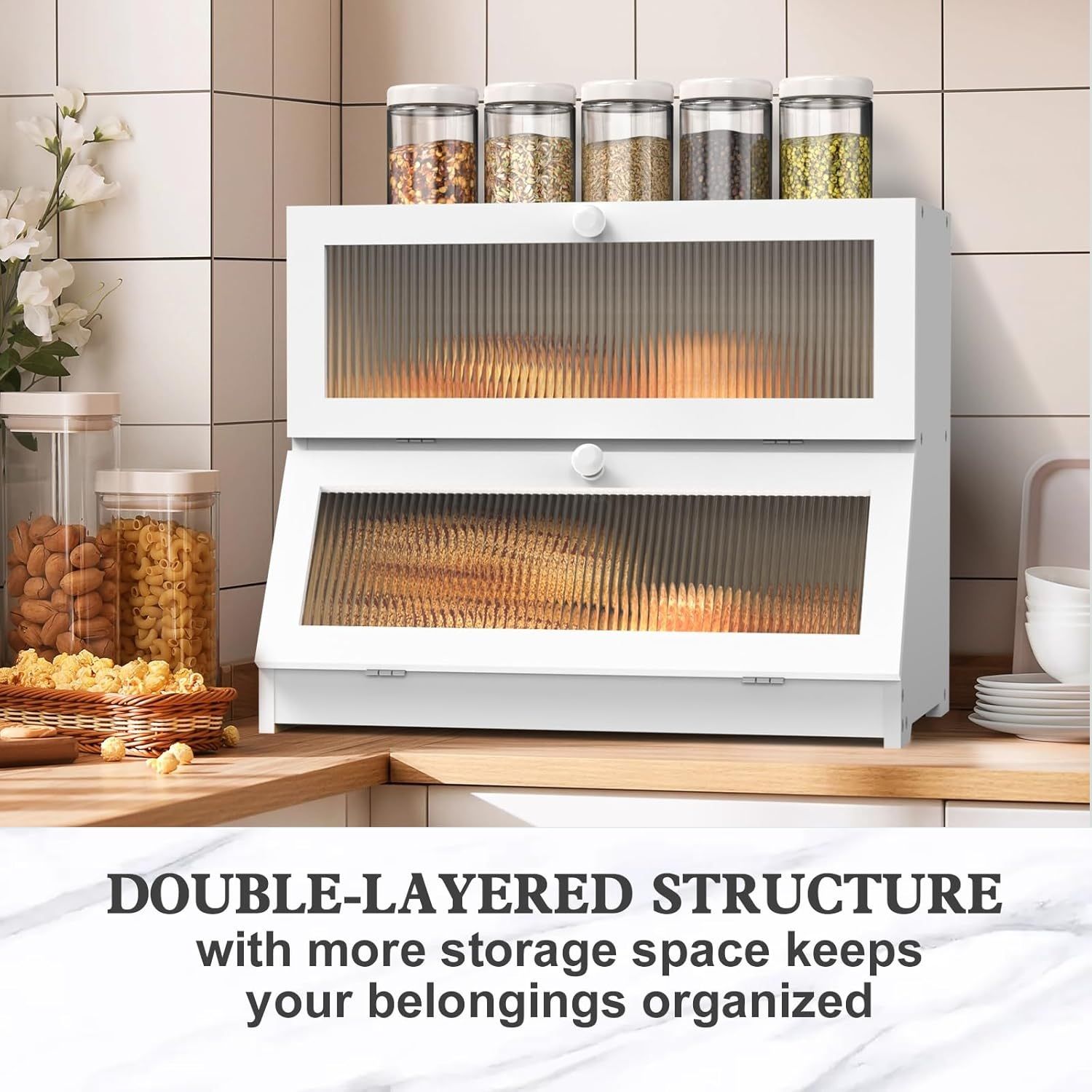 Double Layer Bamboo Bread Box for Kitchen Counter - Large Capacity Bread Storage Container with Clear Window, Easy Assembly, Farmhouse Style Bread Holder (White) - Home & Garden > Laundry & Cleaning > Laundry Storage - Rivercity House & Home Co. (ABN 18 642 972 209) - Affordable Modern Furniture Australia