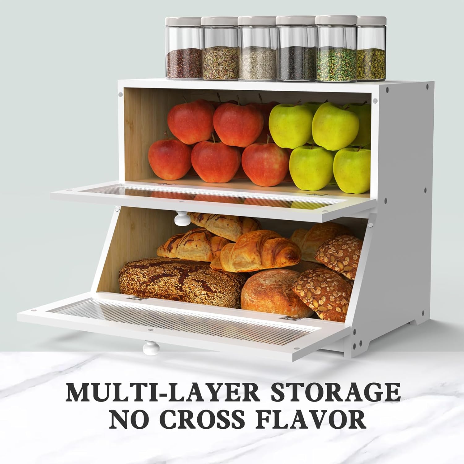 Double Layer Bamboo Bread Box for Kitchen Counter - Large Capacity Bread Storage Container with Clear Window, Easy Assembly, Farmhouse Style Bread Holder (White) - Home & Garden > Laundry & Cleaning > Laundry Storage - Rivercity House & Home Co. (ABN 18 642 972 209) - Affordable Modern Furniture Australia