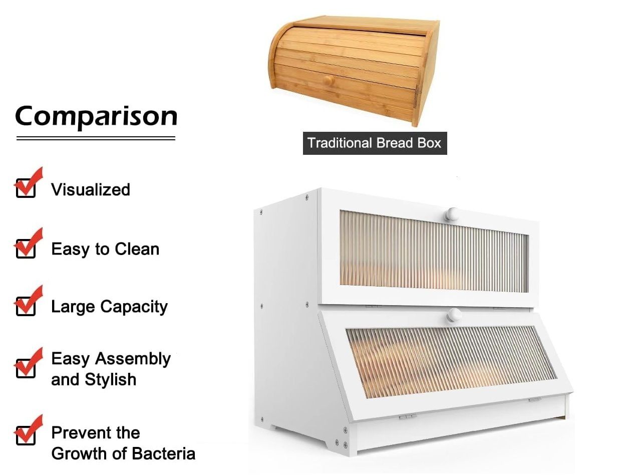 Double Layer Bamboo Bread Box for Kitchen Counter - Large Capacity Bread Storage Container with Clear Window, Easy Assembly, Farmhouse Style Bread Holder (White) - Home & Garden > Laundry & Cleaning > Laundry Storage - Rivercity House & Home Co. (ABN 18 642 972 209) - Affordable Modern Furniture Australia