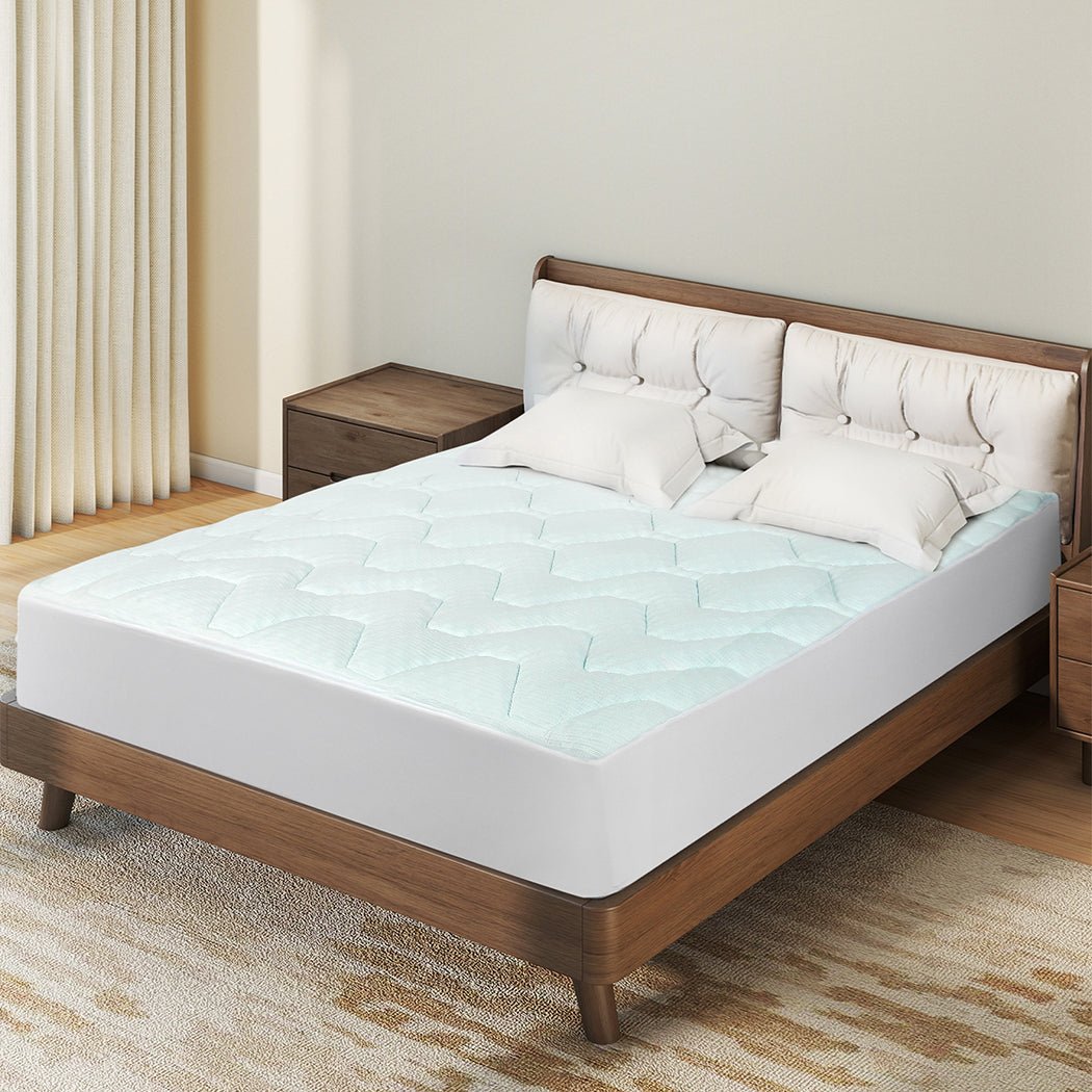 Double Mattress Topper Pillowtop Cover Protector with Memory Foam - White and Blue - Rivercity House & Home Co. (ABN 18 642 972 209) - Affordable Modern Furniture Australia