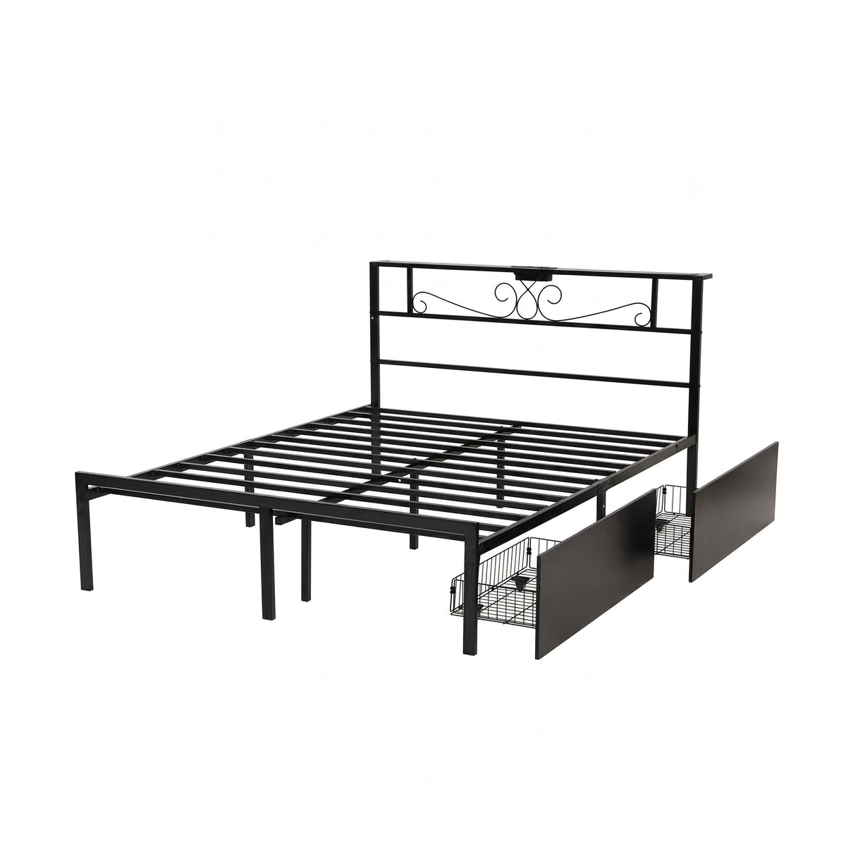 Double Metal Bed Frame with Charging Station & Storage Drawers - Black - Furniture > Bedroom > Beds & Bed Frames - Rivercity House & Home Co. (ABN 18 642 972 209) - Affordable Modern Furniture Australia