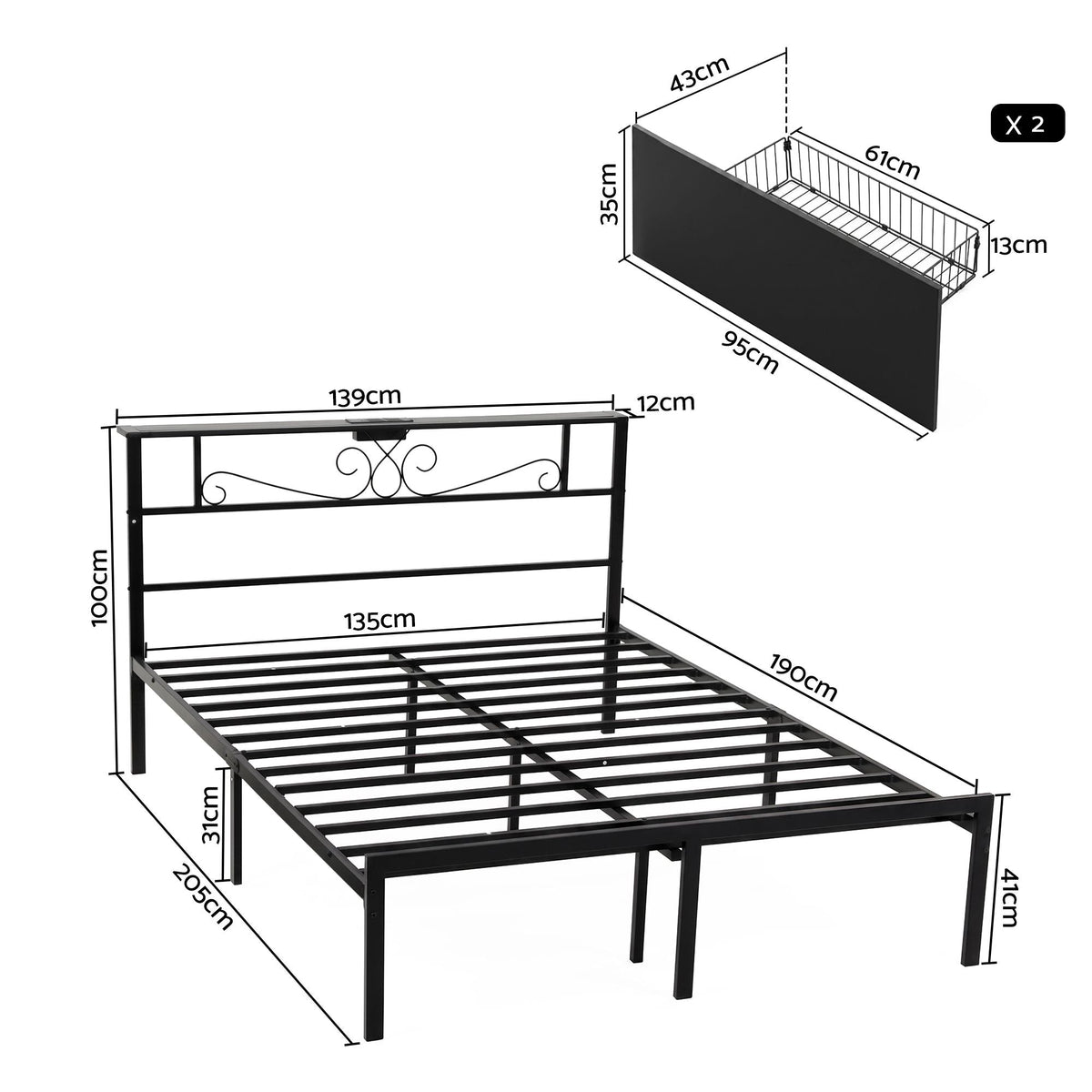 Double Metal Bed Frame with Charging Station & Storage Drawers - Black - Furniture > Bedroom > Beds & Bed Frames - Rivercity House & Home Co. (ABN 18 642 972 209) - Affordable Modern Furniture Australia