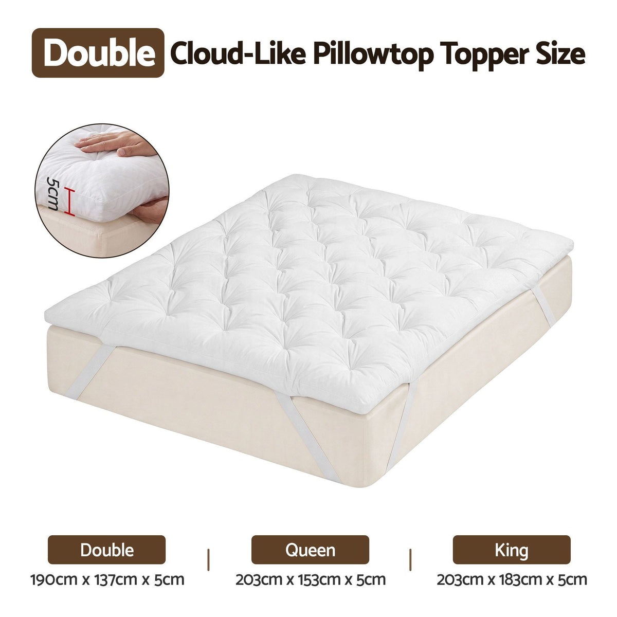 Double Pillow Top Mattress Topper 5cm Thick 1300GSM White Duck Feather - White - Furniture > Mattresses > Double Mattress - Rivercity House & Home Co. (ABN 18 642 972 209) - Affordable Modern Furniture Australia
