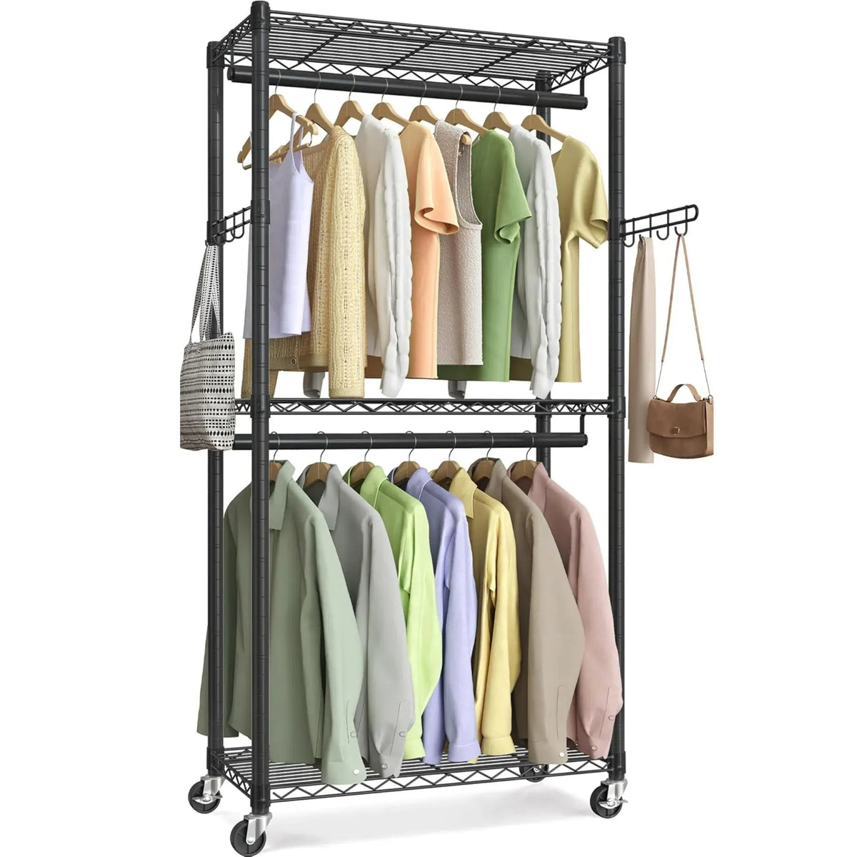Double Rail Garment Rack with Shelves and Lockable Wheels - Black - Home & Garden > Storage > Clothing & Wardrobe Storage - Rivercity House & Home Co. (ABN 18 642 972 209) - Affordable Modern Furniture Australia