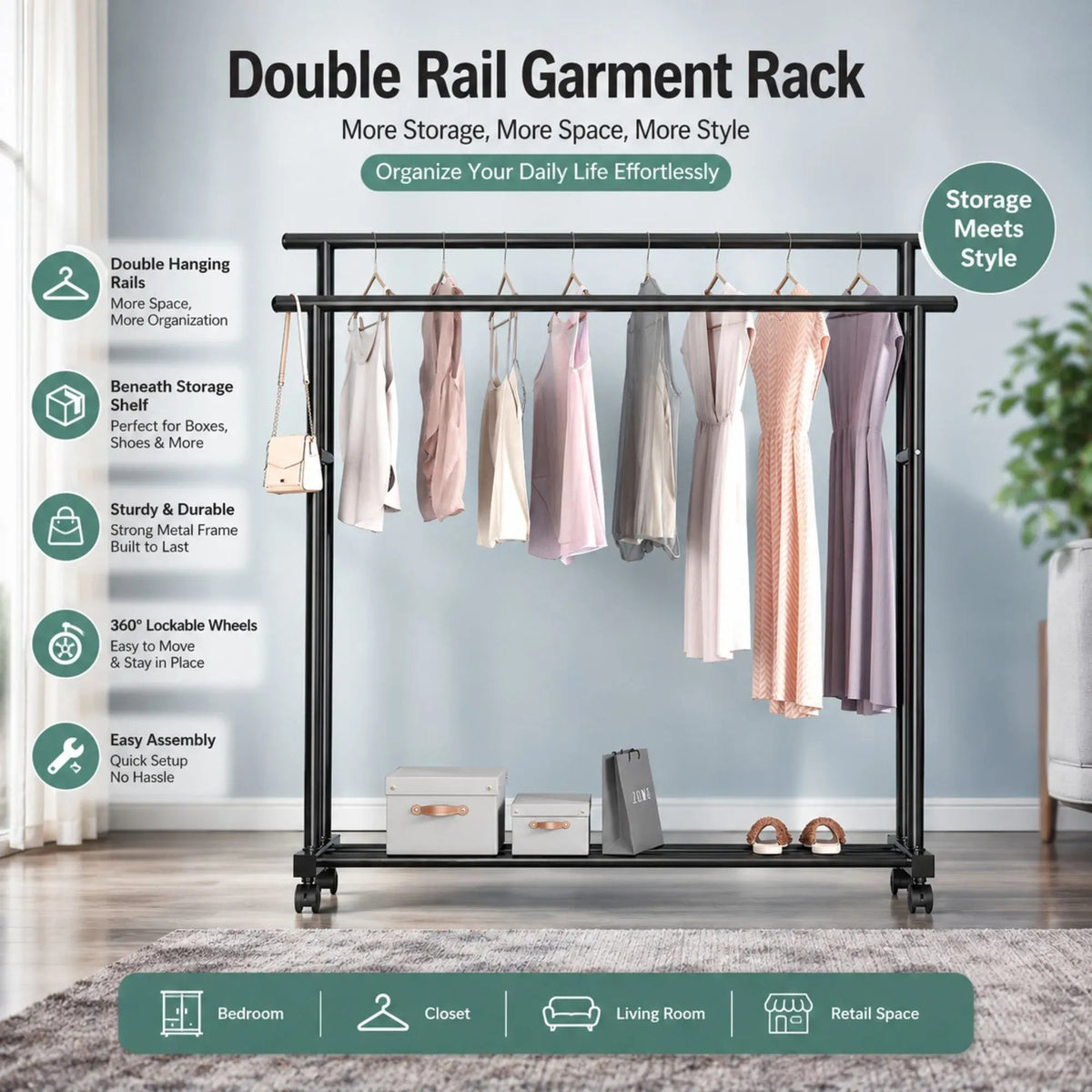 Double Rod Portable Clothes Rack with Wheels and Bottom Shelf - Black - Home & Garden > Storage > Clothing & Wardrobe Storage - Rivercity House & Home Co. (ABN 18 642 972 209) - Affordable Modern Furniture Australia