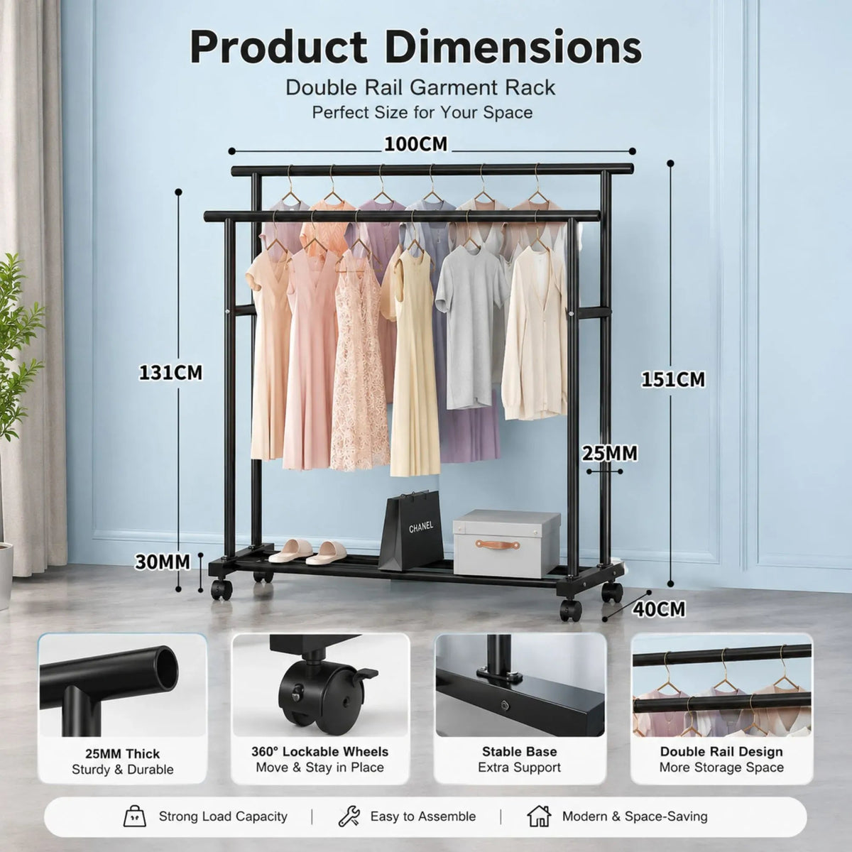 Double Rod Portable Clothes Rack with Wheels and Bottom Shelf - Black - Home & Garden > Storage > Clothing & Wardrobe Storage - Rivercity House & Home Co. (ABN 18 642 972 209) - Affordable Modern Furniture Australia