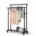 Double Rod Portable Clothes Rack with Wheels and Bottom Shelf - Black