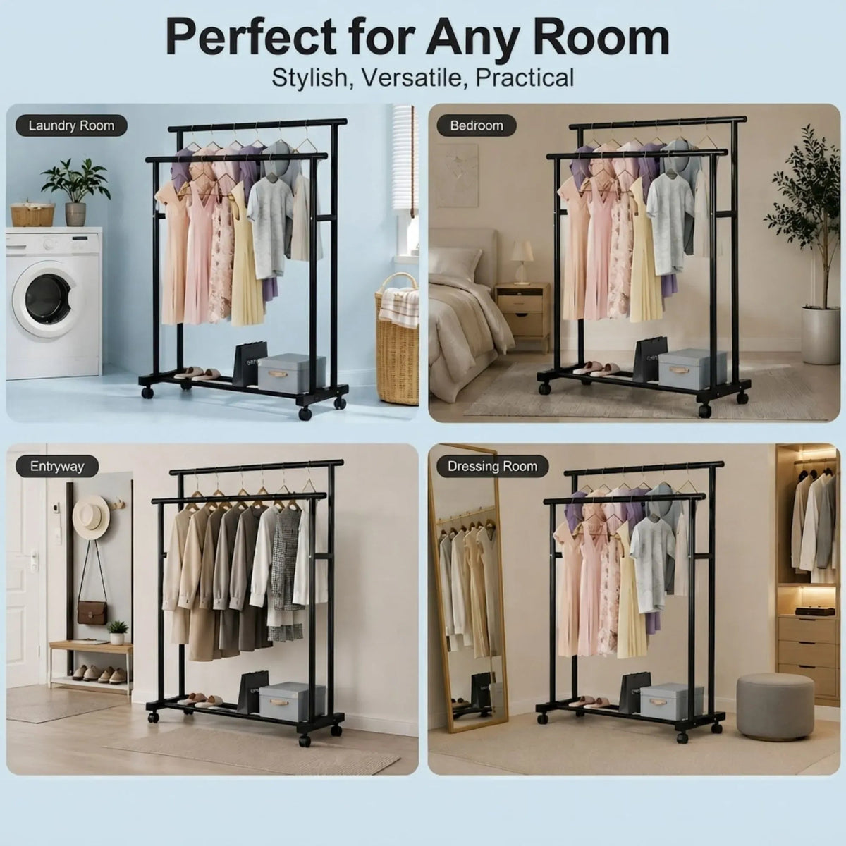 Double Rod Portable Clothes Rack with Wheels and Bottom Shelf - Black - Home & Garden > Storage > Clothing & Wardrobe Storage - Rivercity House & Home Co. (ABN 18 642 972 209) - Affordable Modern Furniture Australia