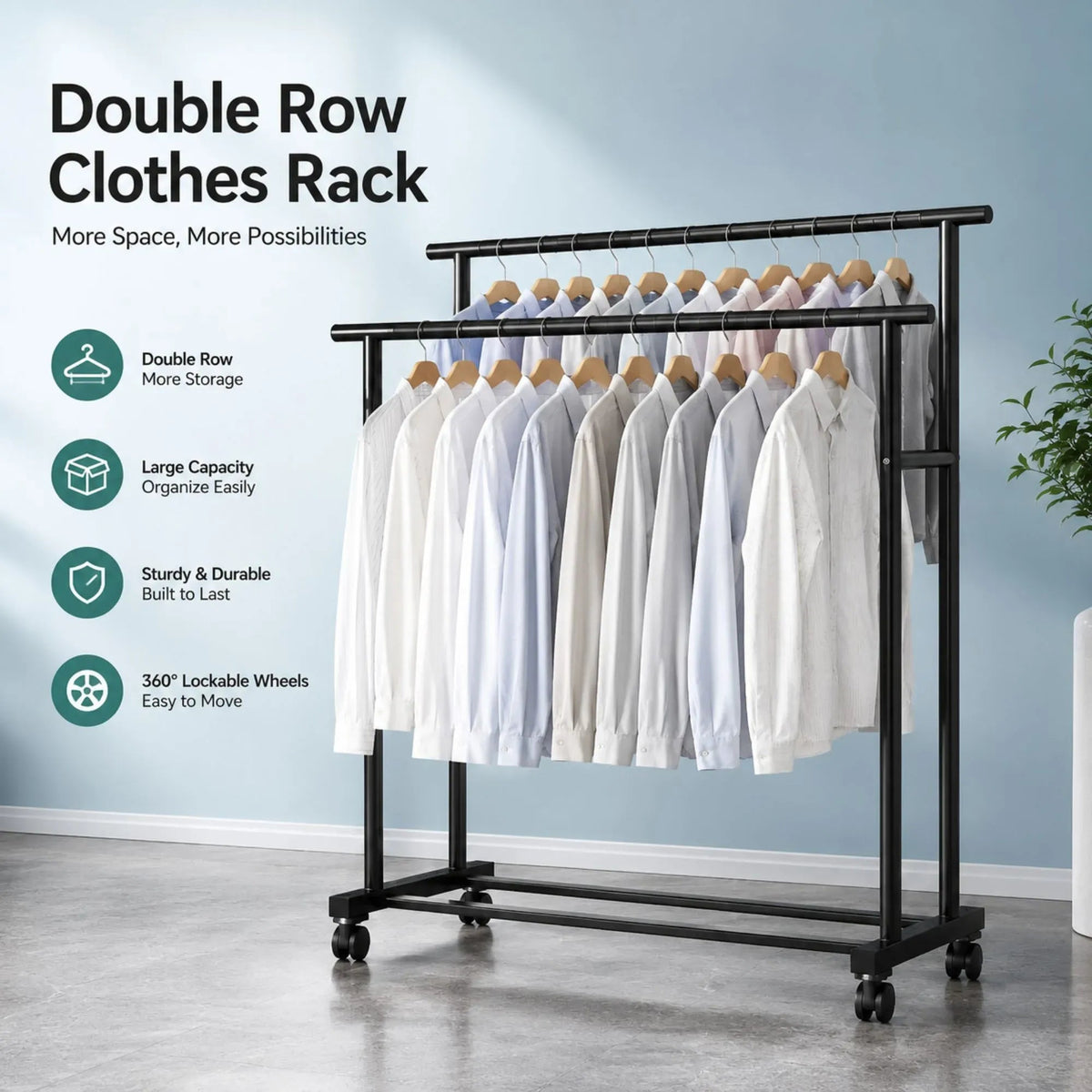 Double Rod Portable Clothes Rack with Wheels and Bottom Shelf - Black - Home & Garden > Storage > Clothing & Wardrobe Storage - Rivercity House & Home Co. (ABN 18 642 972 209) - Affordable Modern Furniture Australia