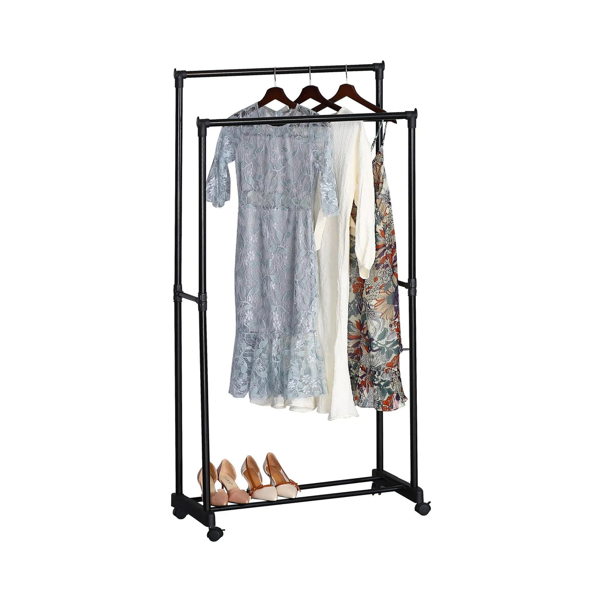 Double Rod Steel Garment Rack with Wheels Basic - Black - Home & Garden > Storage > Clothing & Wardrobe Storage - Rivercity House & Home Co. (ABN 18 642 972 209) - Affordable Modern Furniture Australia