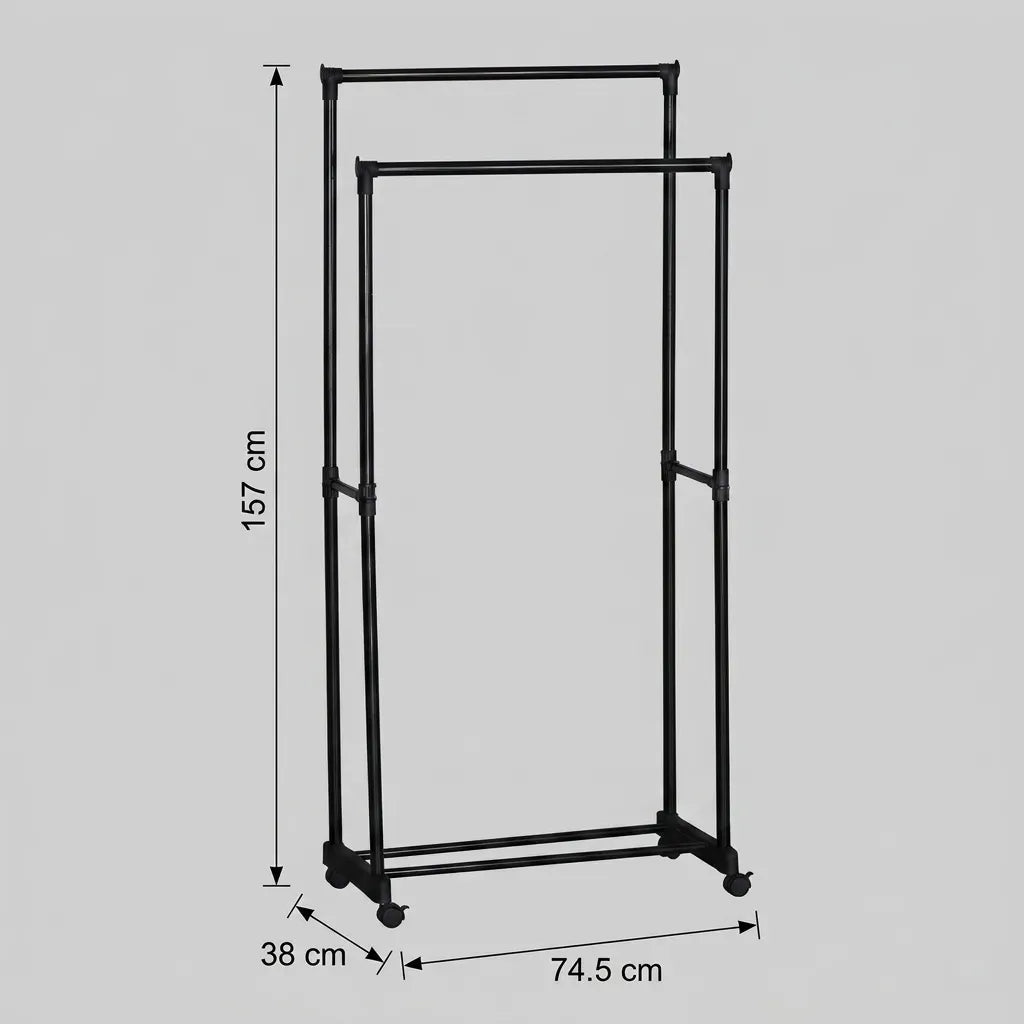 Double Rod Steel Garment Rack with Wheels Basic - Black - Home & Garden > Storage > Clothing & Wardrobe Storage - Rivercity House & Home Co. (ABN 18 642 972 209) - Affordable Modern Furniture Australia