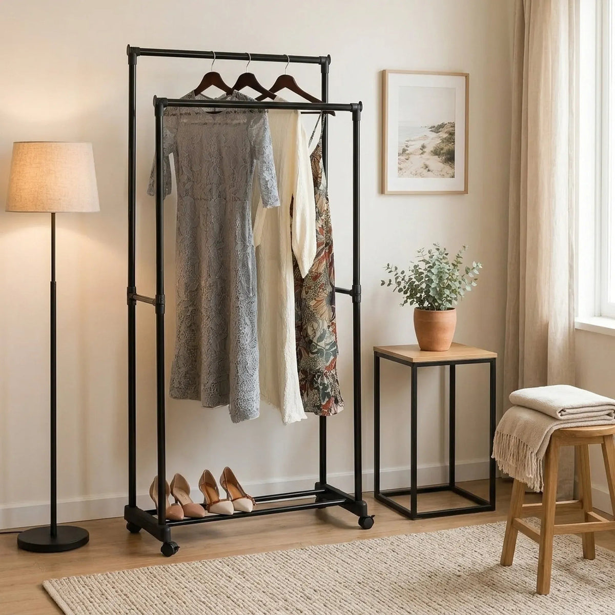 Double Rod Steel Garment Rack with Wheels Basic - Black - Home & Garden > Storage > Clothing & Wardrobe Storage - Rivercity House & Home Co. (ABN 18 642 972 209) - Affordable Modern Furniture Australia