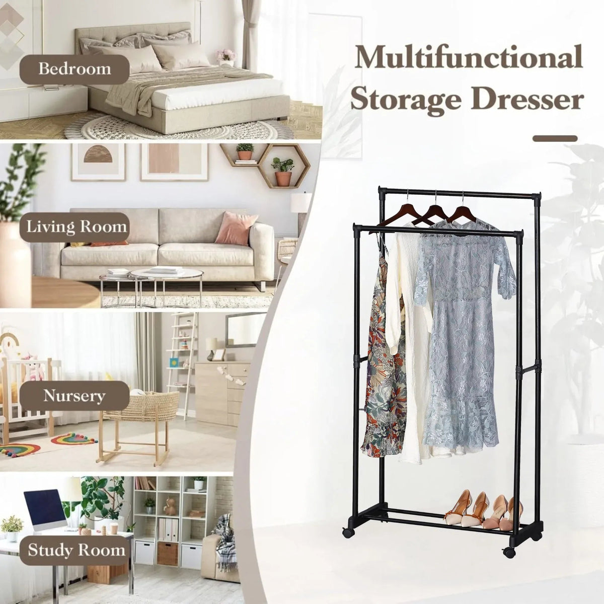 Double Rod Steel Garment Rack with Wheels Basic - Black - Home & Garden > Storage > Clothing & Wardrobe Storage - Rivercity House & Home Co. (ABN 18 642 972 209) - Affordable Modern Furniture Australia