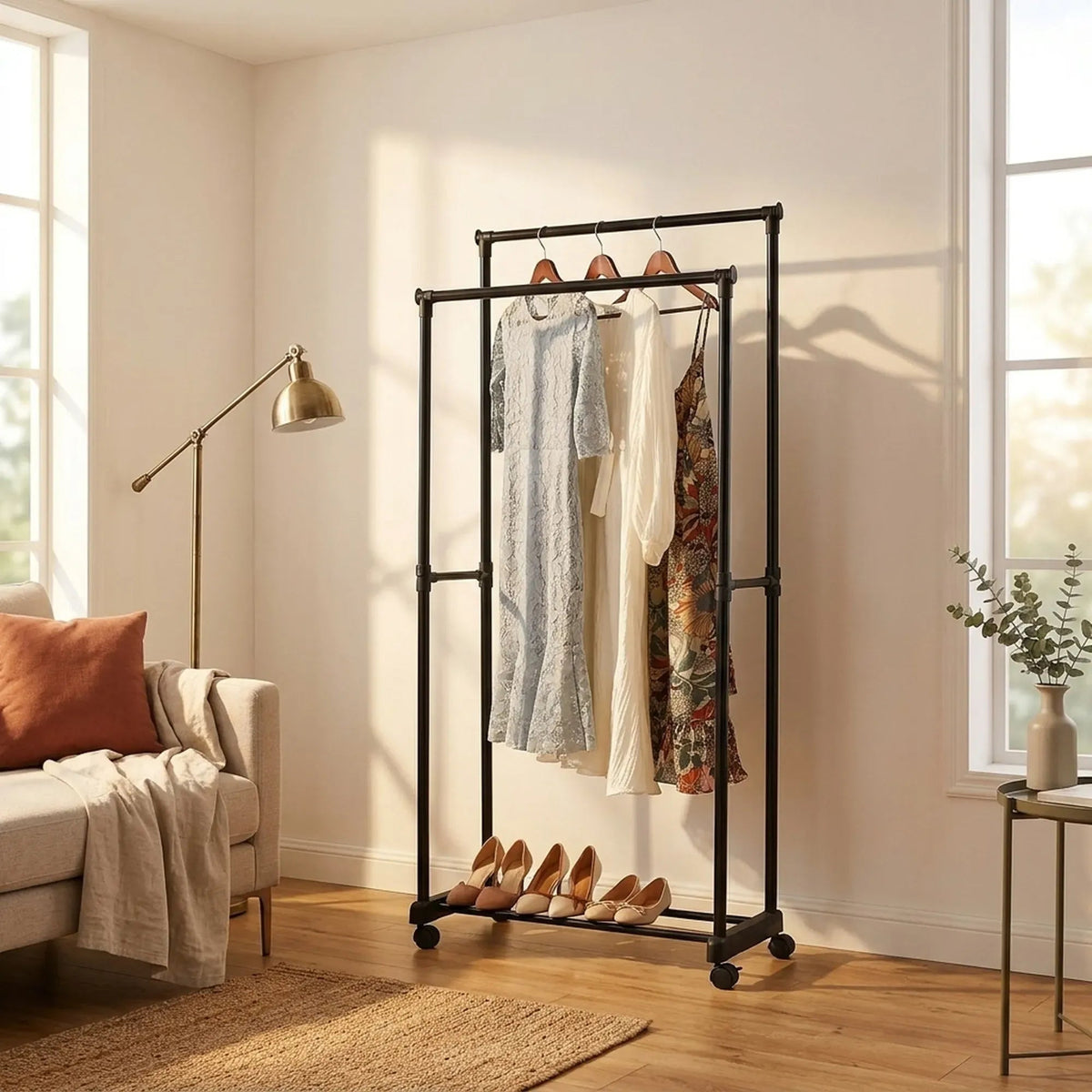 Double Rod Steel Garment Rack with Wheels Basic - Black - Home & Garden > Storage > Clothing & Wardrobe Storage - Rivercity House & Home Co. (ABN 18 642 972 209) - Affordable Modern Furniture Australia