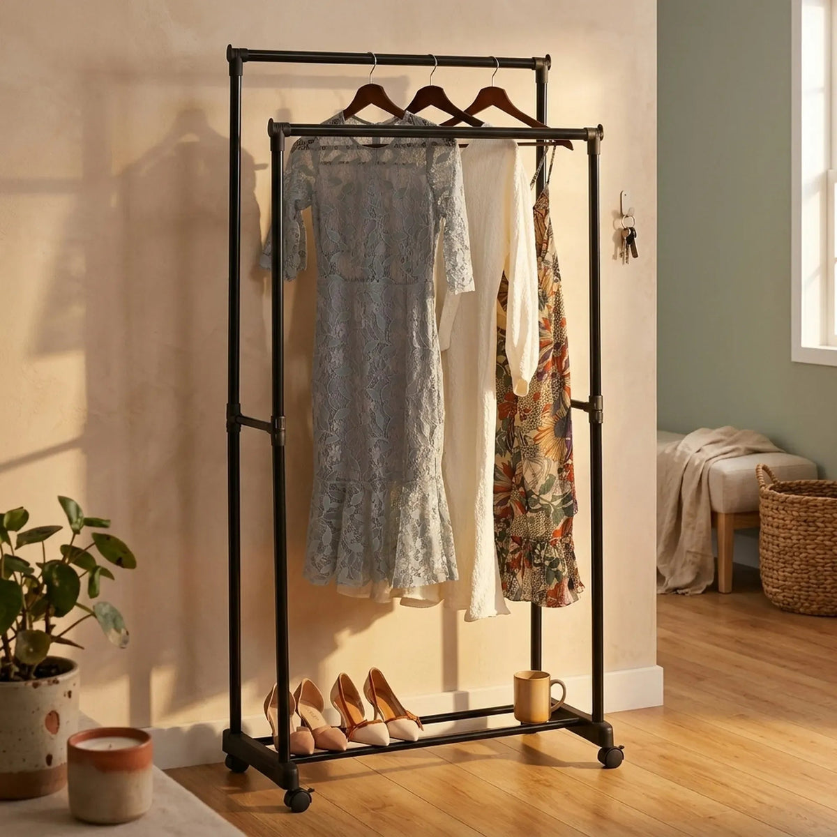 Double Rod Steel Garment Rack with Wheels Basic - Black - Home & Garden > Storage > Clothing & Wardrobe Storage - Rivercity House & Home Co. (ABN 18 642 972 209) - Affordable Modern Furniture Australia