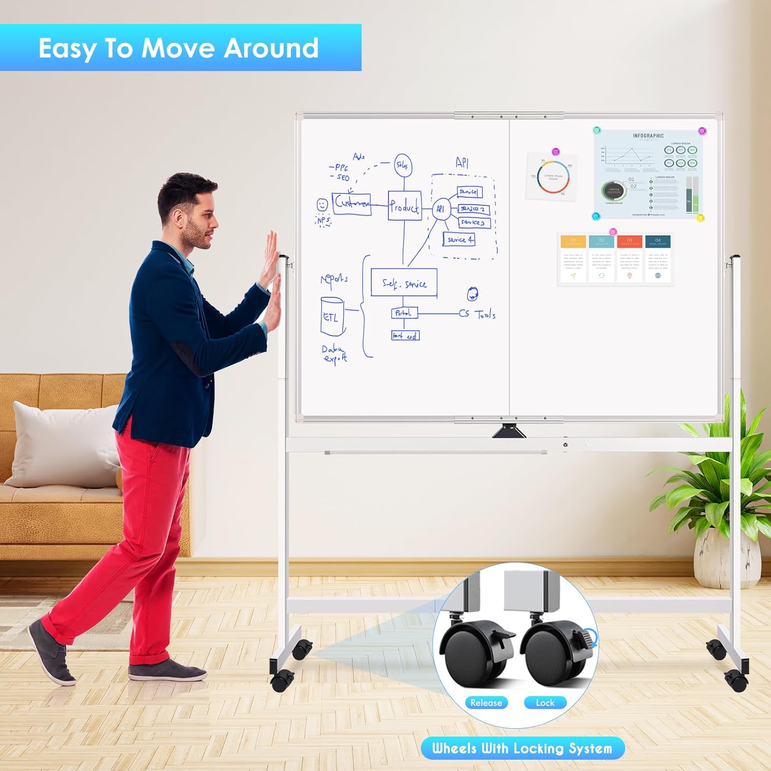 Double - Sided Magnetic Whiteboard 120x90cm with Wheels, Reversible Design for School, Office & Home - Furniture > Dining > Buffets & Sideboards - Rivercity House & Home Co. (ABN 18 642 972 209) - Affordable Modern Furniture Australia