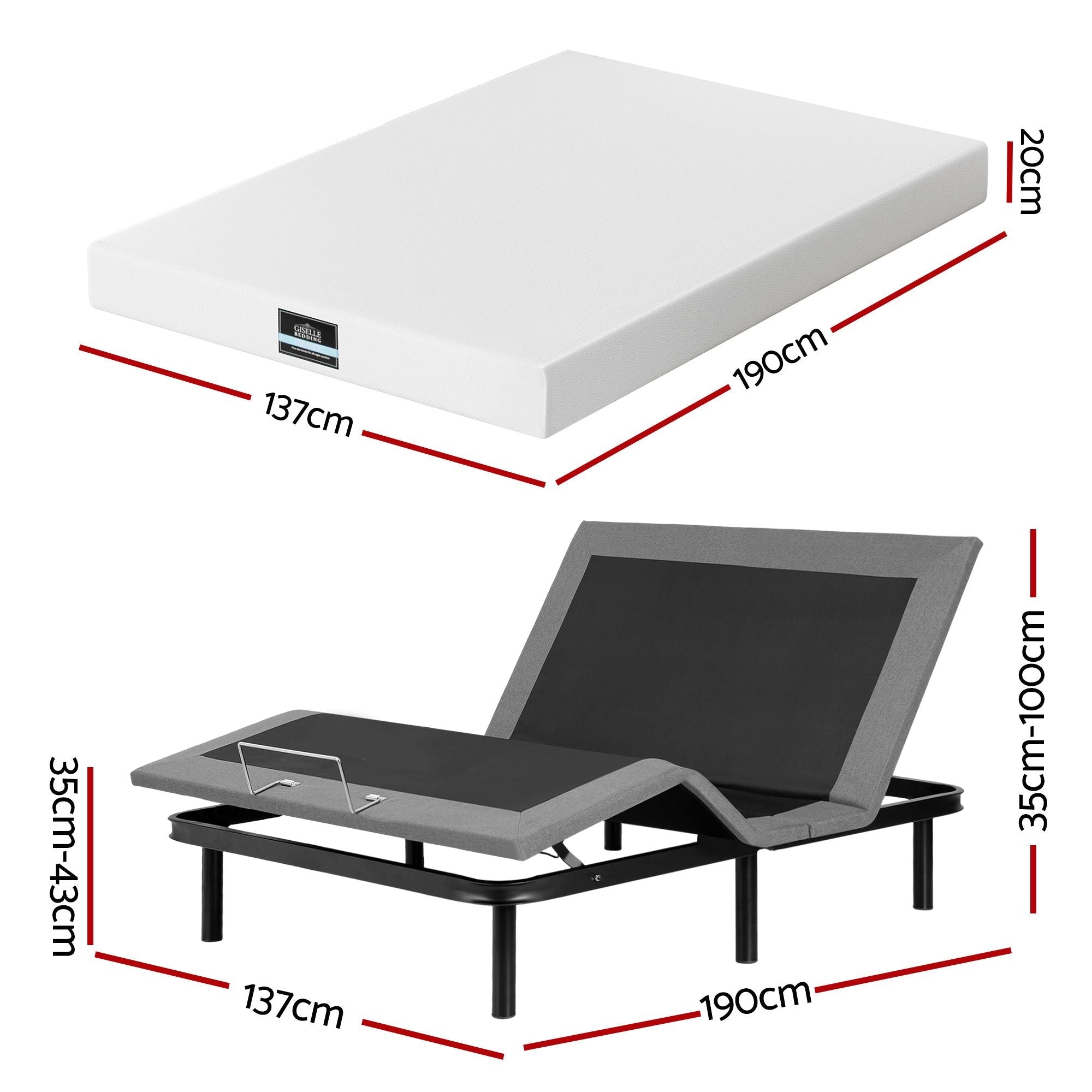 Double size bed frame & Giselle Bedding Double Mattress Combo, adjustable bed Base for Snoring Relief, Independent Head Foot Incline, Wireless Remote, Black,20cm Thickness - Furniture > Bedroom > Beds & Bed Frames - Rivercity House & Home Co. (ABN 18 642 972 209) - Affordable Modern Furniture Australia