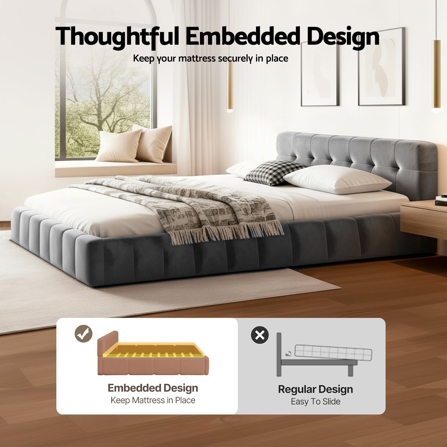 Double Size Bed Frame Plush Soft Headboard Velvet Platform Base for Modern Bedrooms Grey - Furniture > Bedroom > Beds & Bed Frames - Rivercity House & Home Co. (ABN 18 642 972 209) - Affordable Modern Furniture Australia