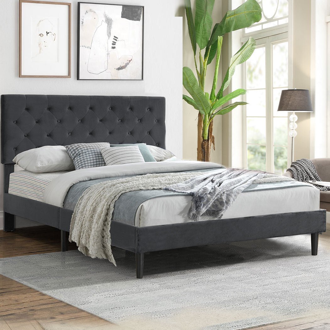 Double Size Bed Frame with Velvet Headboard and Centre Support Beam - Grey - Rivercity House & Home Co. (ABN 18 642 972 209) - Affordable Modern Furniture Australia