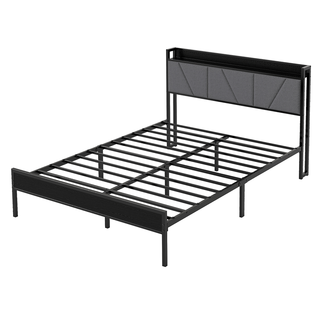 Double Steel Bed Frame with Headboard and Storage - Grey - Rivercity House & Home Co. (ABN 18 642 972 209) - Affordable Modern Furniture Australia