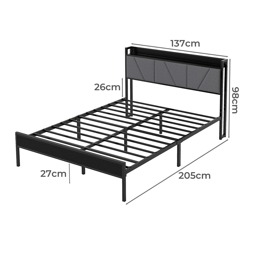 Double Steel Bed Frame with Headboard and Storage - Grey - Rivercity House & Home Co. (ABN 18 642 972 209) - Affordable Modern Furniture Australia