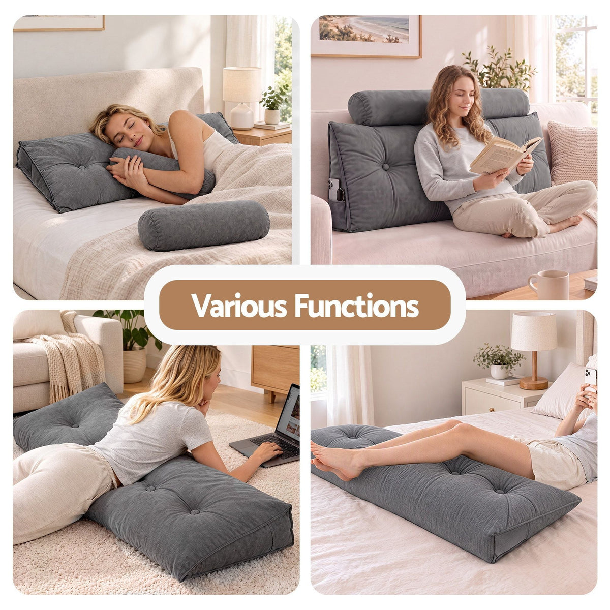 Double Wedge Triangular Headboard Pillow with 2 Cushions - Grey - Furniture > Bedroom > Headboards - Rivercity House & Home Co. (ABN 18 642 972 209) - Affordable Modern Furniture Australia
