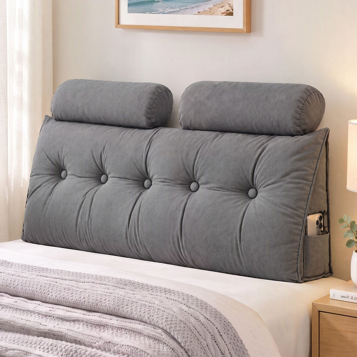 Double Wedge Triangular Headboard Pillow with 2 Cushions - Grey - Furniture > Bedroom > Headboards - Rivercity House & Home Co. (ABN 18 642 972 209) - Affordable Modern Furniture Australia