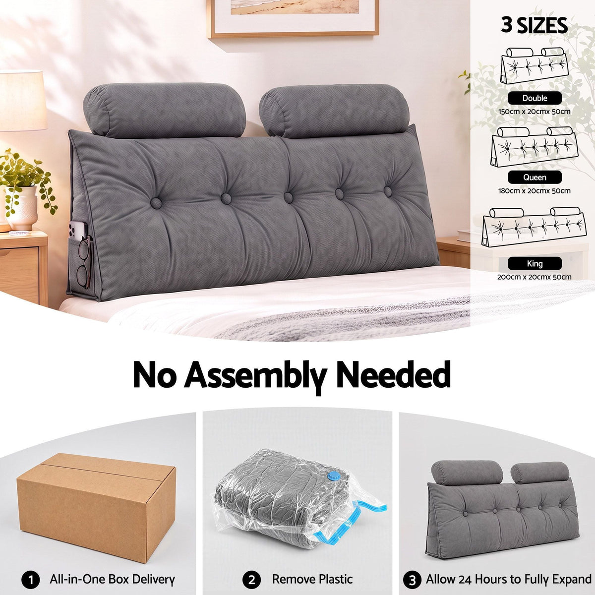 Double Wedge Triangular Headboard Pillow with 2 Cushions - Grey - Furniture > Bedroom > Headboards - Rivercity House & Home Co. (ABN 18 642 972 209) - Affordable Modern Furniture Australia