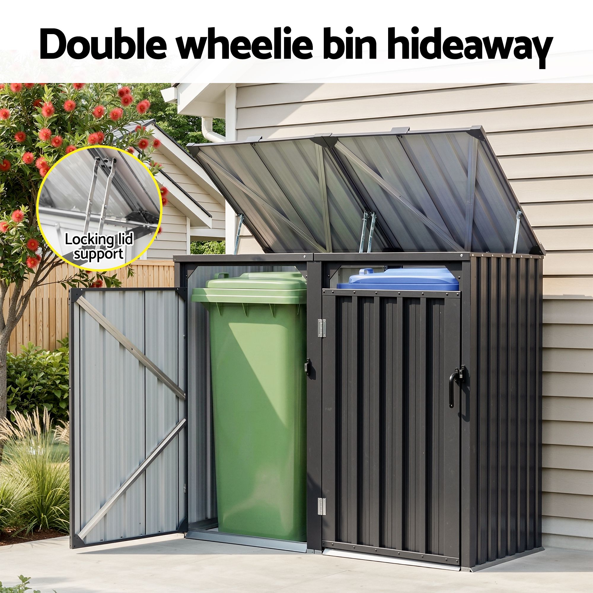 Double Wheelie Waste Bin Storage Shed Steel Enclosure for Garden - Grey - Home & Garden > Storage > Sheds - Rivercity House & Home Co. (ABN 18 642 972 209) - Affordable Modern Furniture Australia