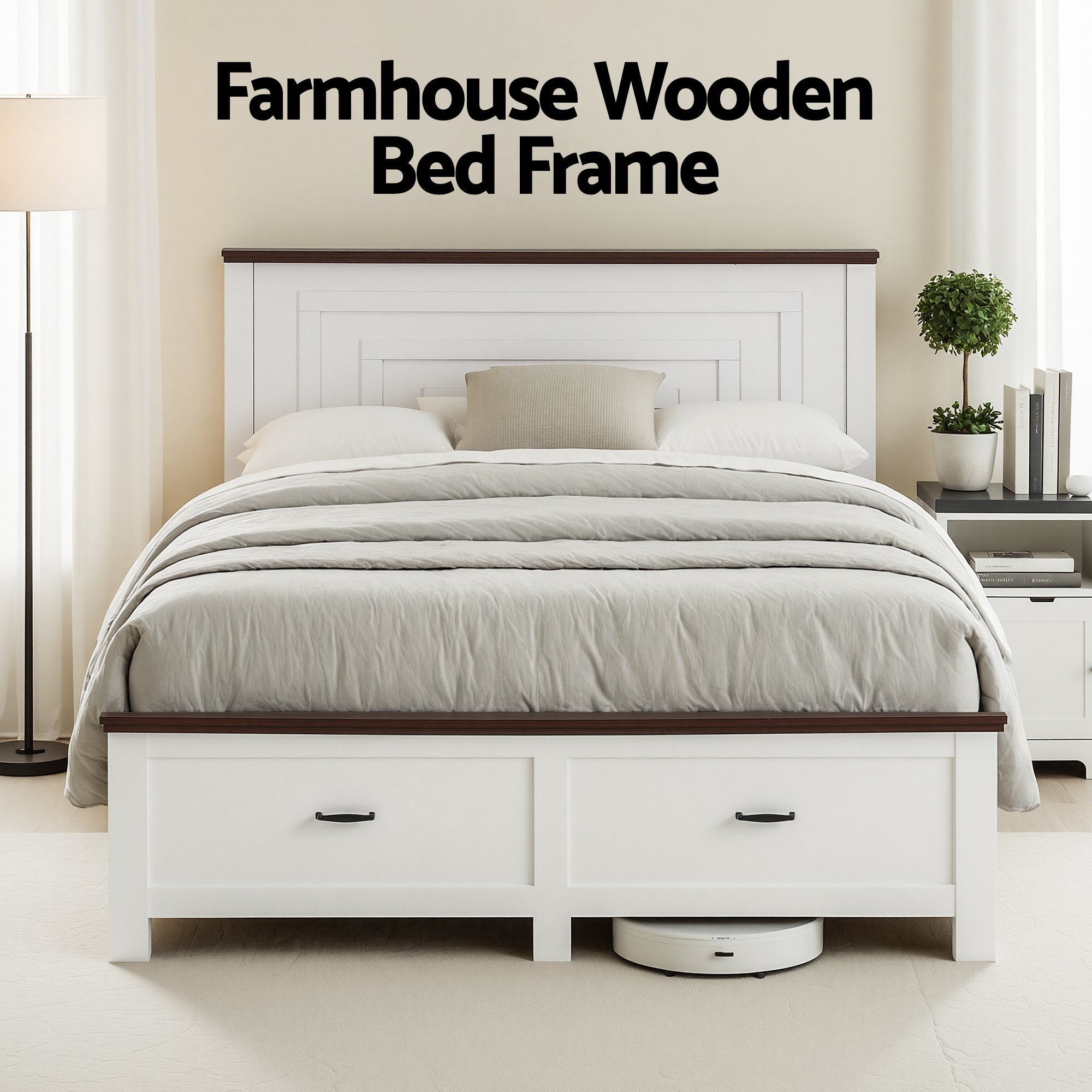 Double Wooden Bed Frame with 2 Drawer Platform Bed with 108cm Solid High Headboard White Bed Base for Bedroom Easy Assembly - Furniture > Bedroom > Beds & Bed Frames - Rivercity House & Home Co. (ABN 18 642 972 209) - Affordable Modern Furniture Australia