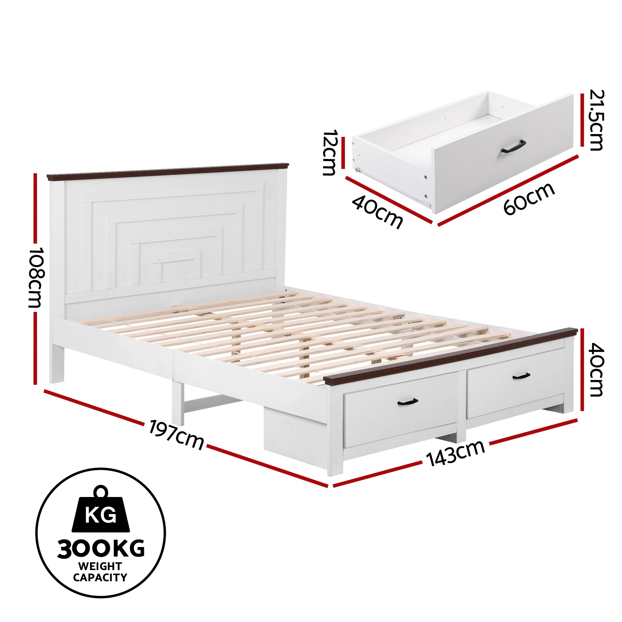 Double Wooden Bed Frame with 2 Drawer Platform Bed with 108cm Solid High Headboard White Bed Base for Bedroom Easy Assembly - Furniture > Bedroom > Beds & Bed Frames - Rivercity House & Home Co. (ABN 18 642 972 209) - Affordable Modern Furniture Australia