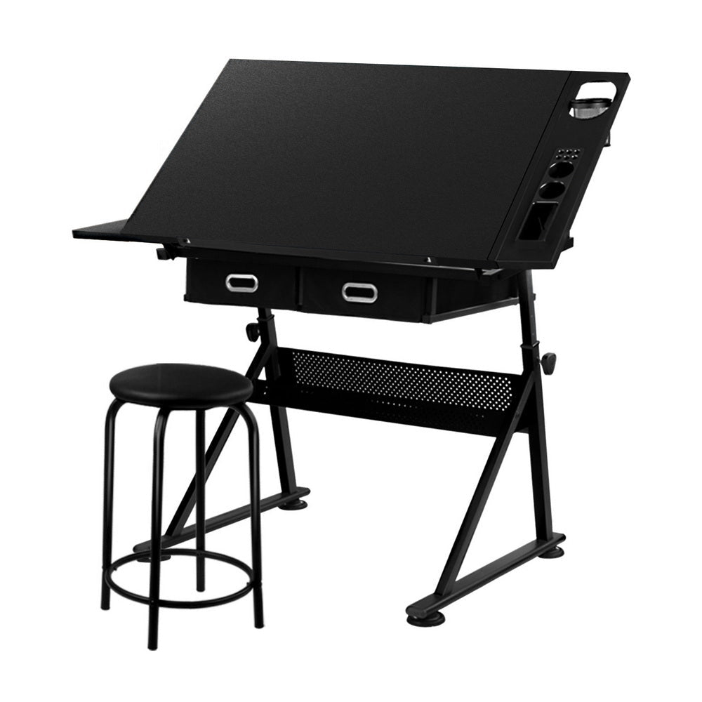 Drawing Desk Stool Set Drafting Table Adjustable Angle Tilt Drawers Black - Furniture > Office > Desks - Rivercity House & Home Co. (ABN 18 642 972 209) - Affordable Modern Furniture Australia