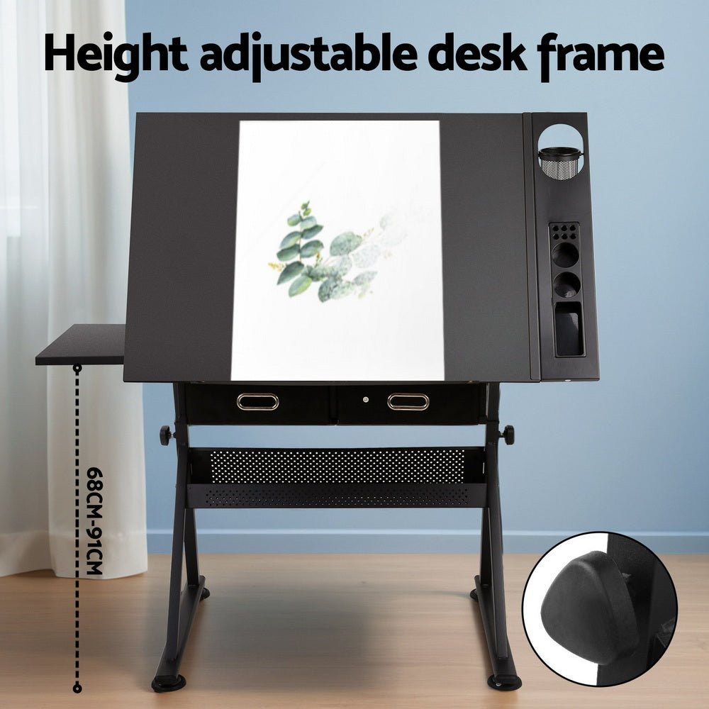 Drawing Desk Stool Set Drafting Table Adjustable Angle Tilt Drawers Black - Furniture > Office > Desks - Rivercity House & Home Co. (ABN 18 642 972 209) - Affordable Modern Furniture Australia