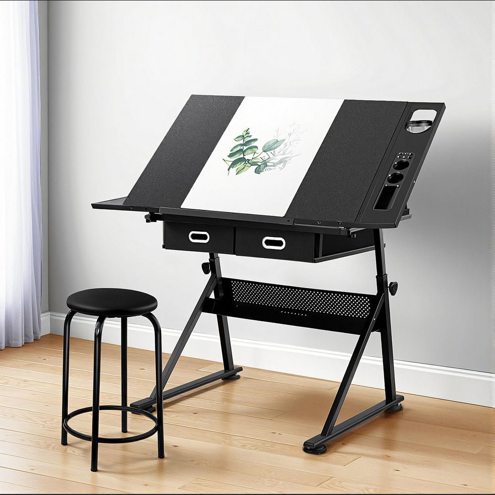 Drawing Desk Stool Set Drafting Table Adjustable Angle Tilt Drawers Black - Furniture > Office > Desks - Rivercity House & Home Co. (ABN 18 642 972 209) - Affordable Modern Furniture Australia