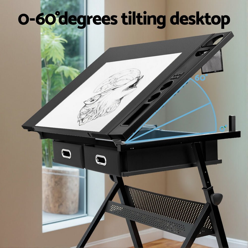 Drawing Desk Stool Set Drafting Table Adjustable Angle Tilt Drawers Black - Furniture > Office > Desks - Rivercity House & Home Co. (ABN 18 642 972 209) - Affordable Modern Furniture Australia