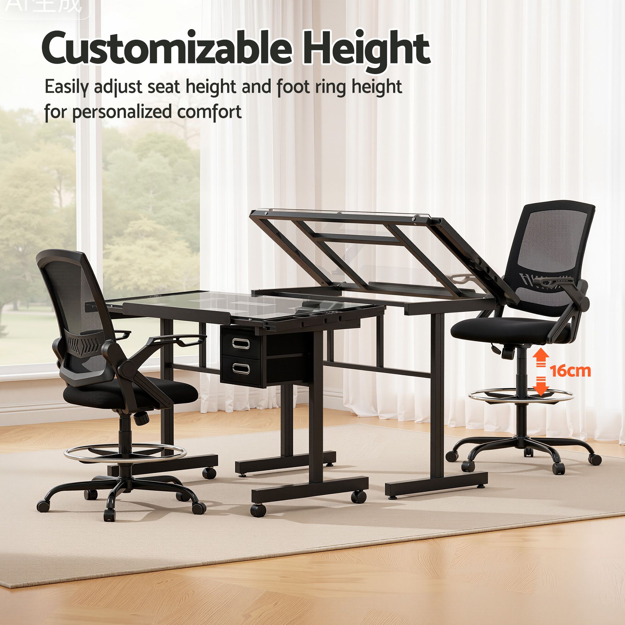 Drawing Table with Ergonomic Office Chair, Drafting Tables with Tempered Glass Desktop, Removable Drawers, Drafting Stool with Height Adjustable for Artwork Painting Studio - Furniture > Office > Office & Desk Chairs - Rivercity House & Home Co. (ABN 18 642 972 209) - Affordable Modern Furniture Australia
