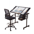 Adjustable Tempered Glass Drawing Table with Ergonomic Drafting Chair and Removable Drawers - Black