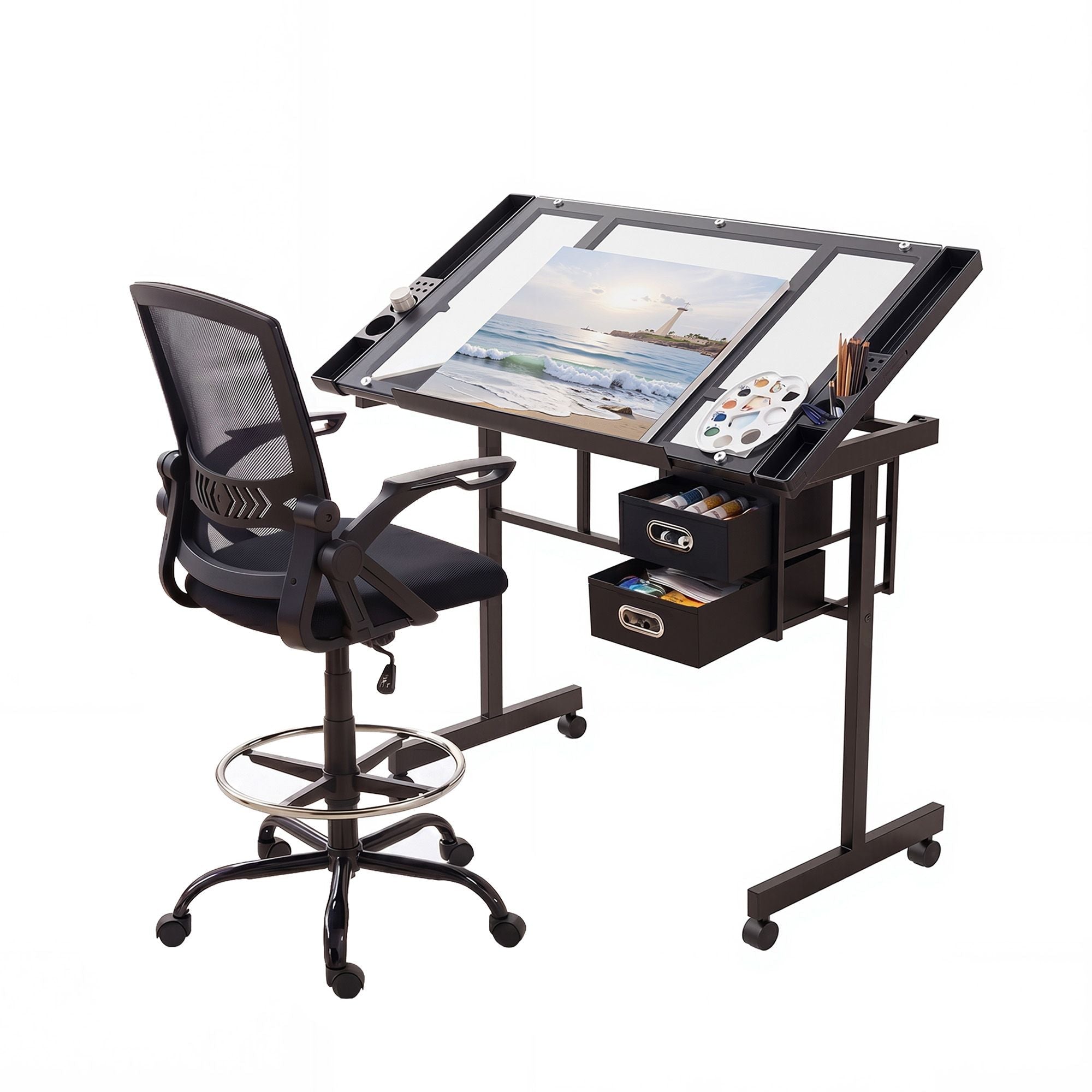 Drawing Table with Ergonomic Office Chair, Drafting Tables with Tempered Glass Desktop, Removable Drawers, Drafting Stool with Height Adjustable for Artwork Painting Studio - Furniture > Office > Office & Desk Chairs - Rivercity House & Home Co. (ABN 18 642 972 209) - Affordable Modern Furniture Australia