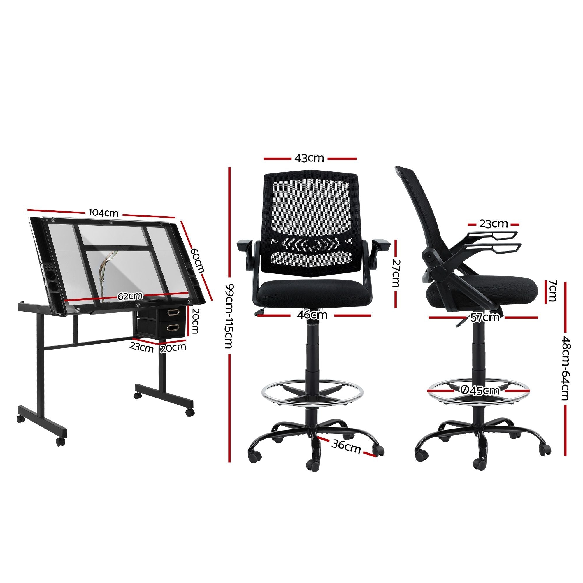 Drawing Table with Ergonomic Office Chair, Drafting Tables with Tempered Glass Desktop, Removable Drawers, Drafting Stool with Height Adjustable for Artwork Painting Studio - Furniture > Office > Office & Desk Chairs - Rivercity House & Home Co. (ABN 18 642 972 209) - Affordable Modern Furniture Australia