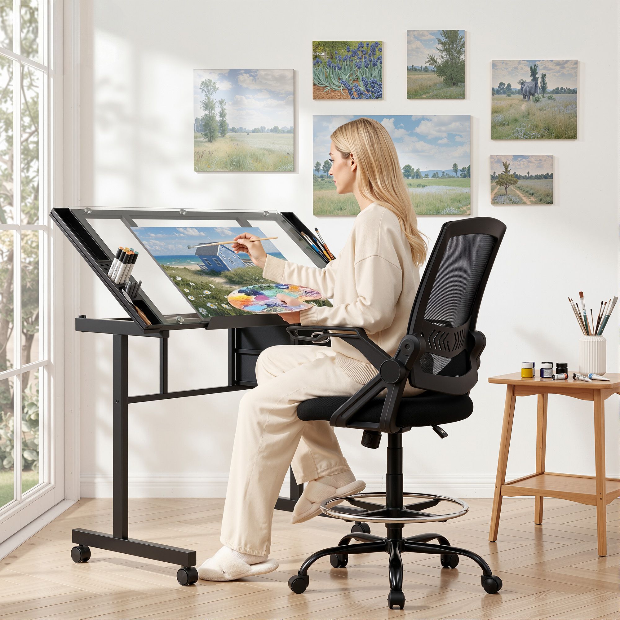 Drawing Table with Ergonomic Office Chair, Drafting Tables with Tempered Glass Desktop, Removable Drawers, Drafting Stool with Height Adjustable for Artwork Painting Studio - Furniture > Office > Office & Desk Chairs - Rivercity House & Home Co. (ABN 18 642 972 209) - Affordable Modern Furniture Australia