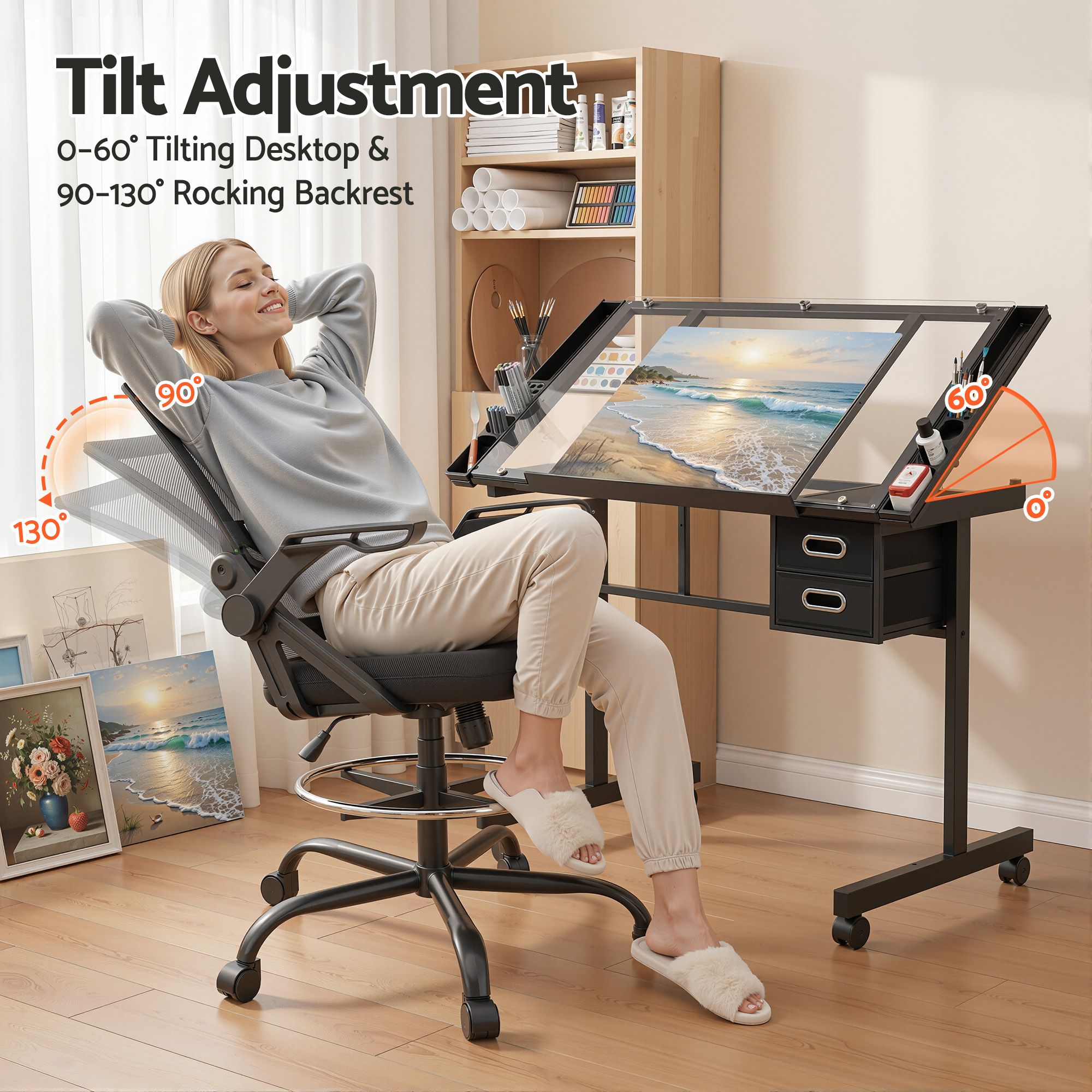 Drawing Table with Ergonomic Office Chair, Drafting Tables with Tempered Glass Desktop, Removable Drawers, Drafting Stool with Height Adjustable for Artwork Painting Studio - Furniture > Office > Office & Desk Chairs - Rivercity House & Home Co. (ABN 18 642 972 209) - Affordable Modern Furniture Australia