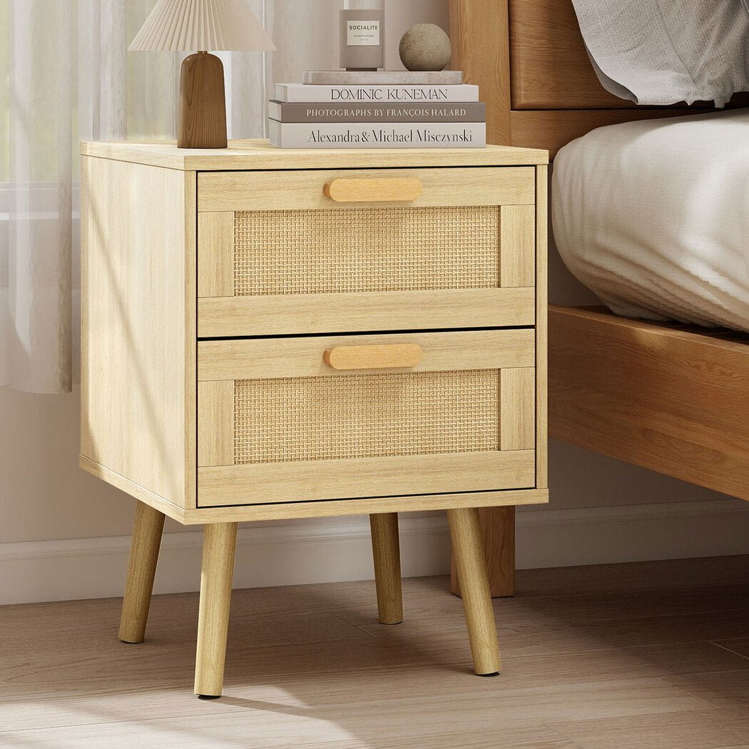 Dreamz 2 - Piece Wooden Bedside Tables with Rattan Drawers - Natural - Rivercity House & Home Co. (ABN 18 642 972 209) - Affordable Modern Furniture Australia